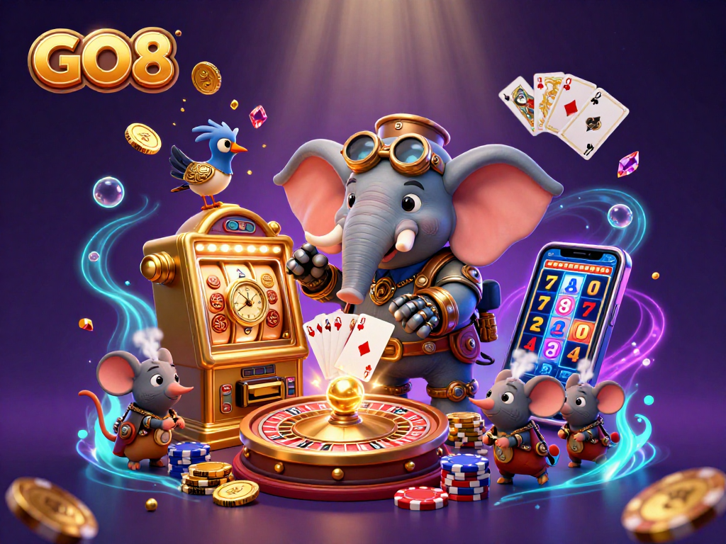 Spin the reels at GO8 with a dynamic scene featuring steampunk characters, spinning roulette, and shimmering treasures.
