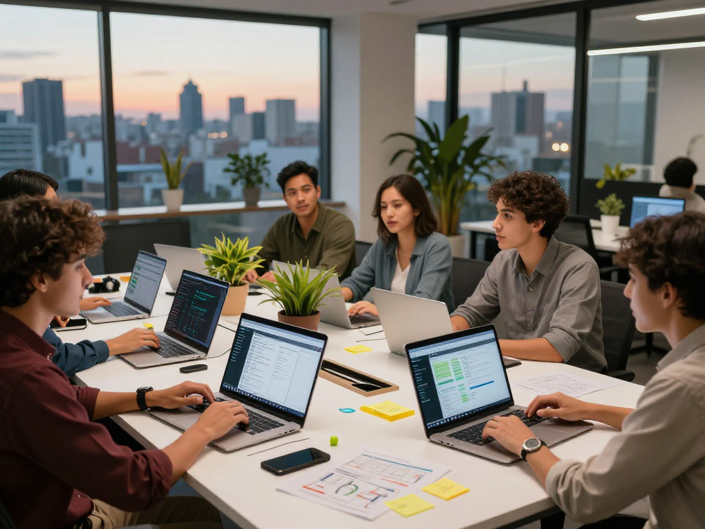 Professional team discussing hosting en Mexico in a modern office setting.