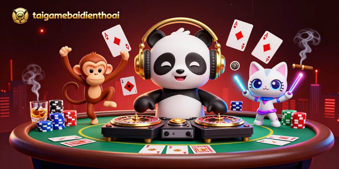 Engage with the vibrant taigamebaidienthoai gaming scene featuring a DJ panda and breakdancer.
