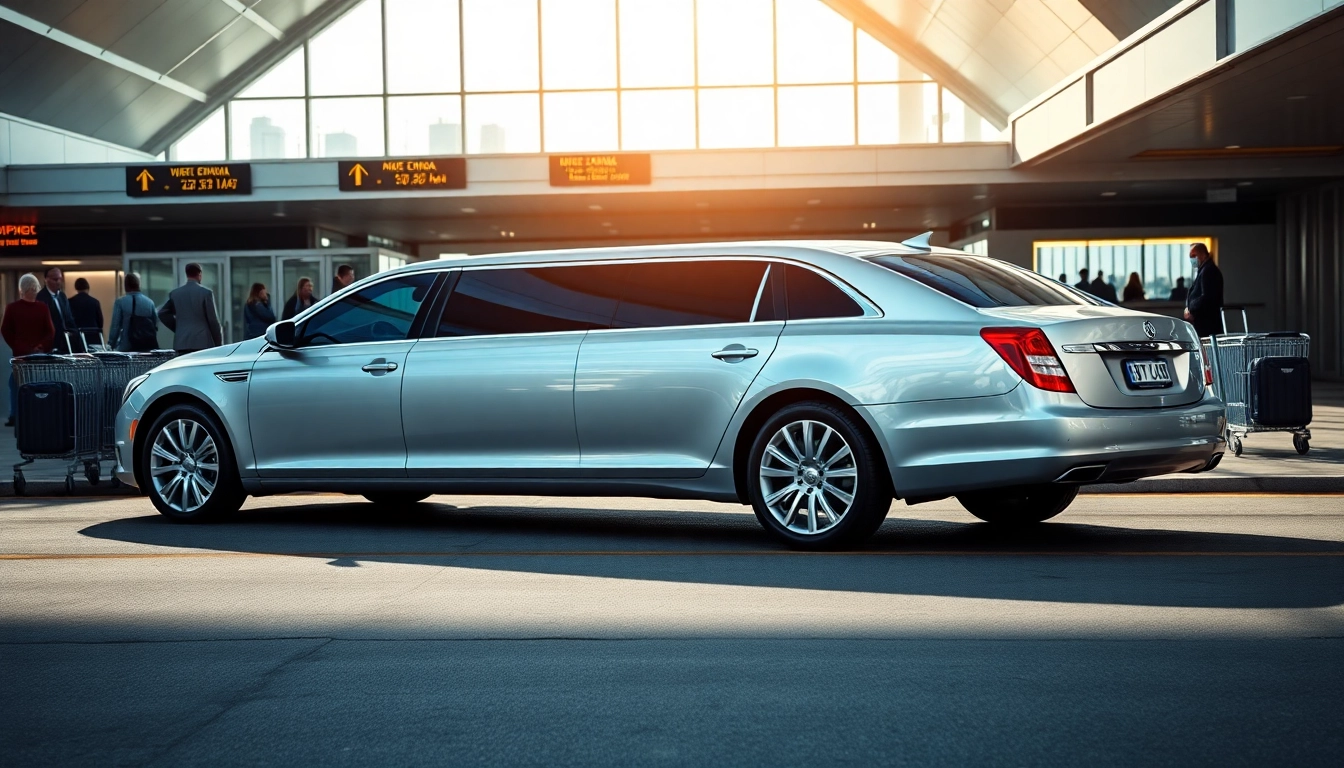 Stylish airport limo parked at the airport terminal, ready for passengers.