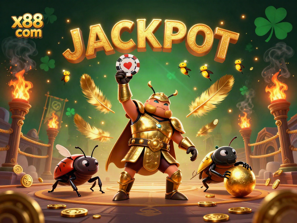 Experience thrilling wins with x88 com featuring a victorious beetle and glowing jackpot!