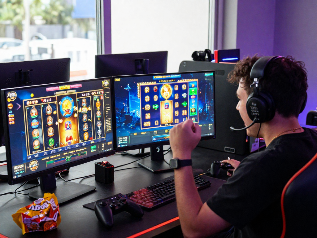 Person celebrating a win at their computer gaming setup featuring MPOCASH, showcasing vibrant graphics and high RTP percentages.