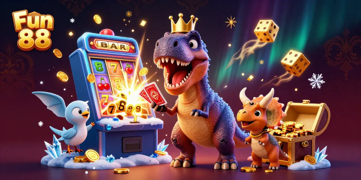 Play slots and games at Fun 88, featuring vibrant 3D characters and casino elements.