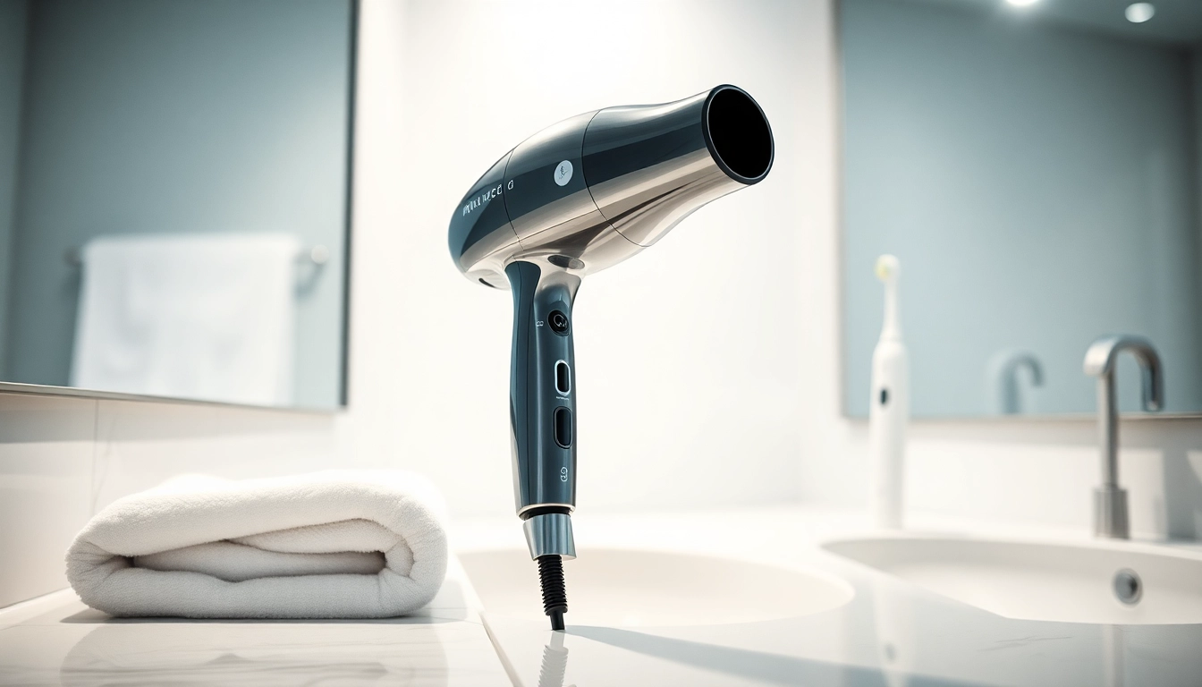 Show a high-speed hair dryer from the Laifen website showcased on a modern countertop.