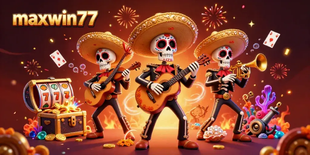 Enchanting 3D scene showcasing maxwin77, celebrating with vibrant Dia de los Muertos mariachi band and colorful casino elements.