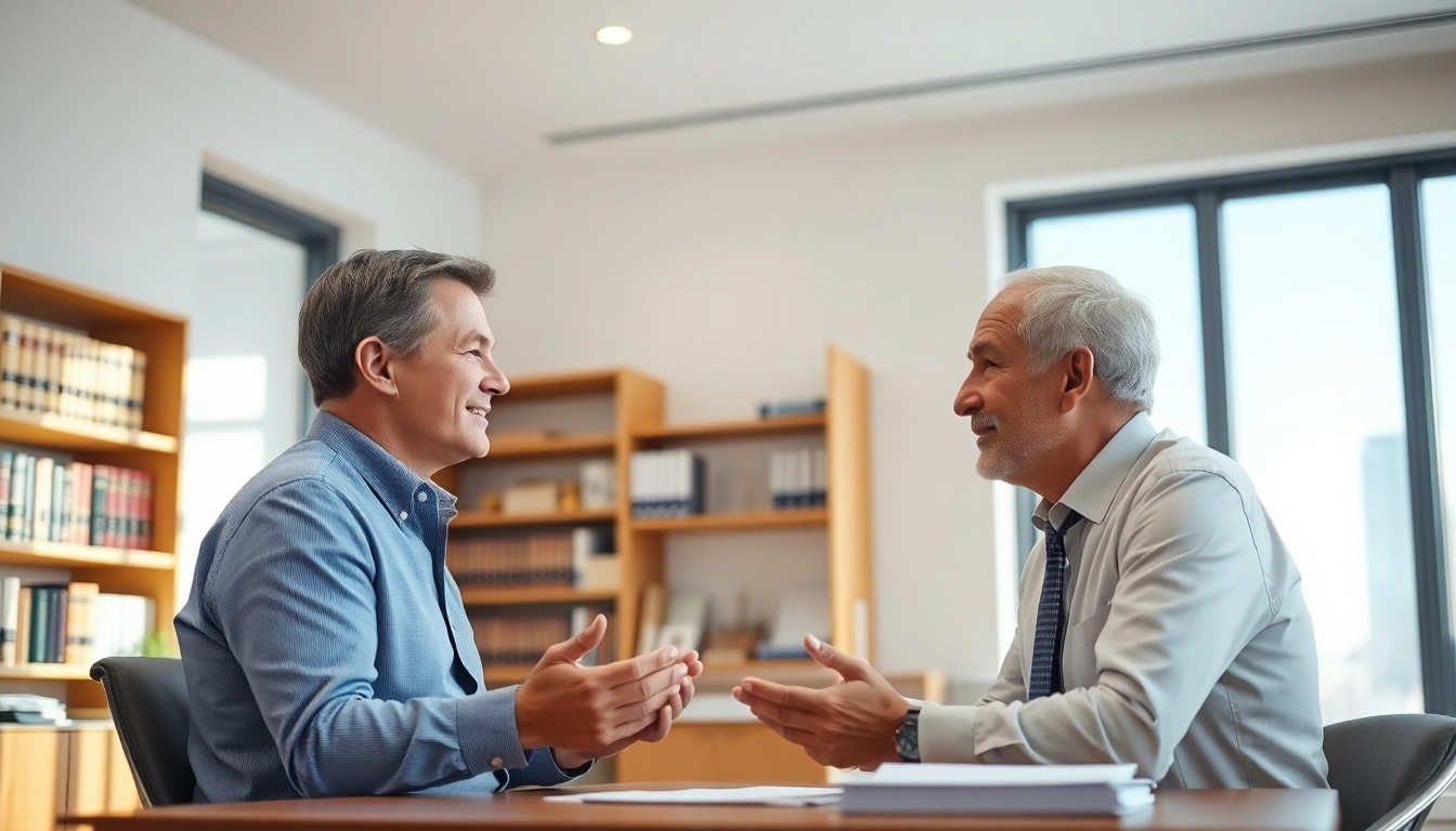 Engaged Enduring Guardian speaking with a client in a warm office environment.