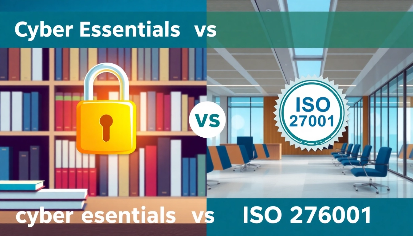Compare cyber essentials vs iso 27001 with a professional infographic highlighting key differences.