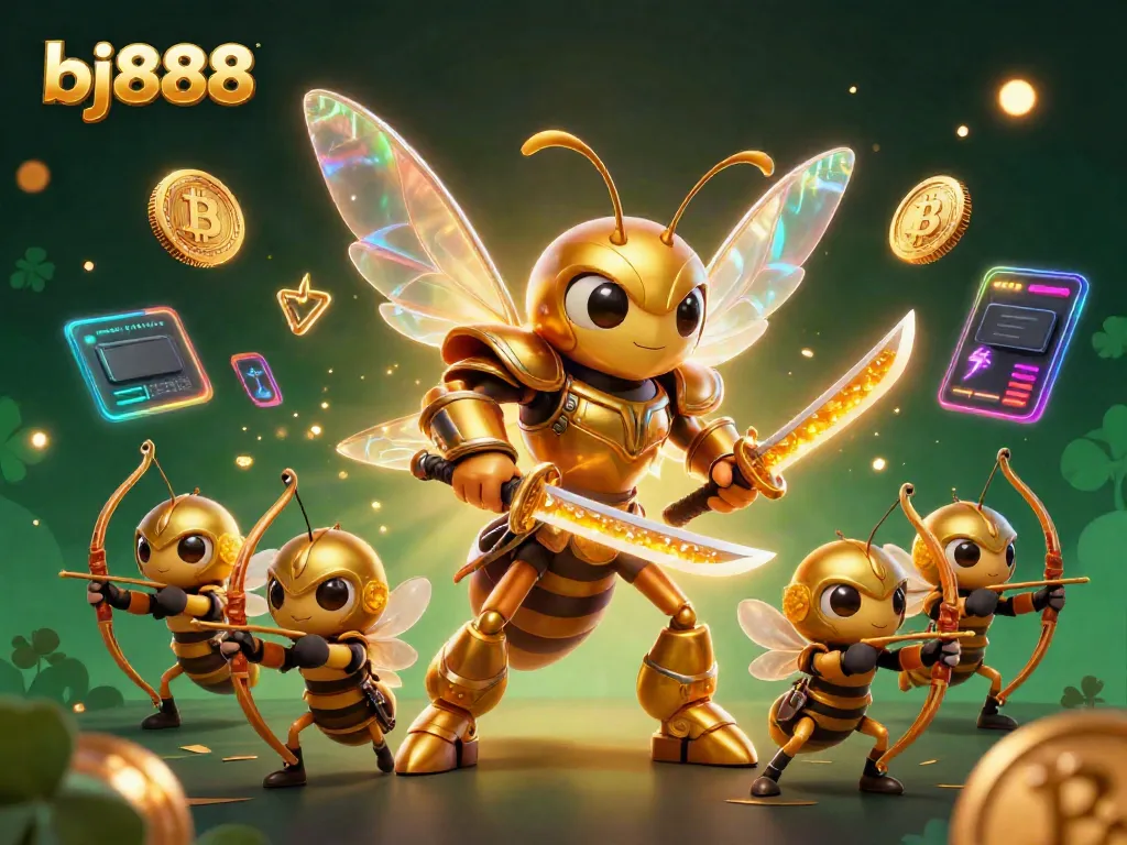 Experience bj888 excitement with a golden hornet samurai amidst 3D coins and vibrant visuals.