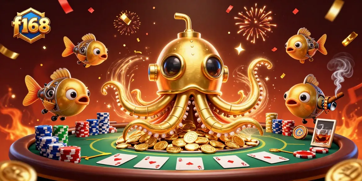Engage in exciting gameplay at f168, featuring a golden kraken submarine amidst golden coins and poker elements.