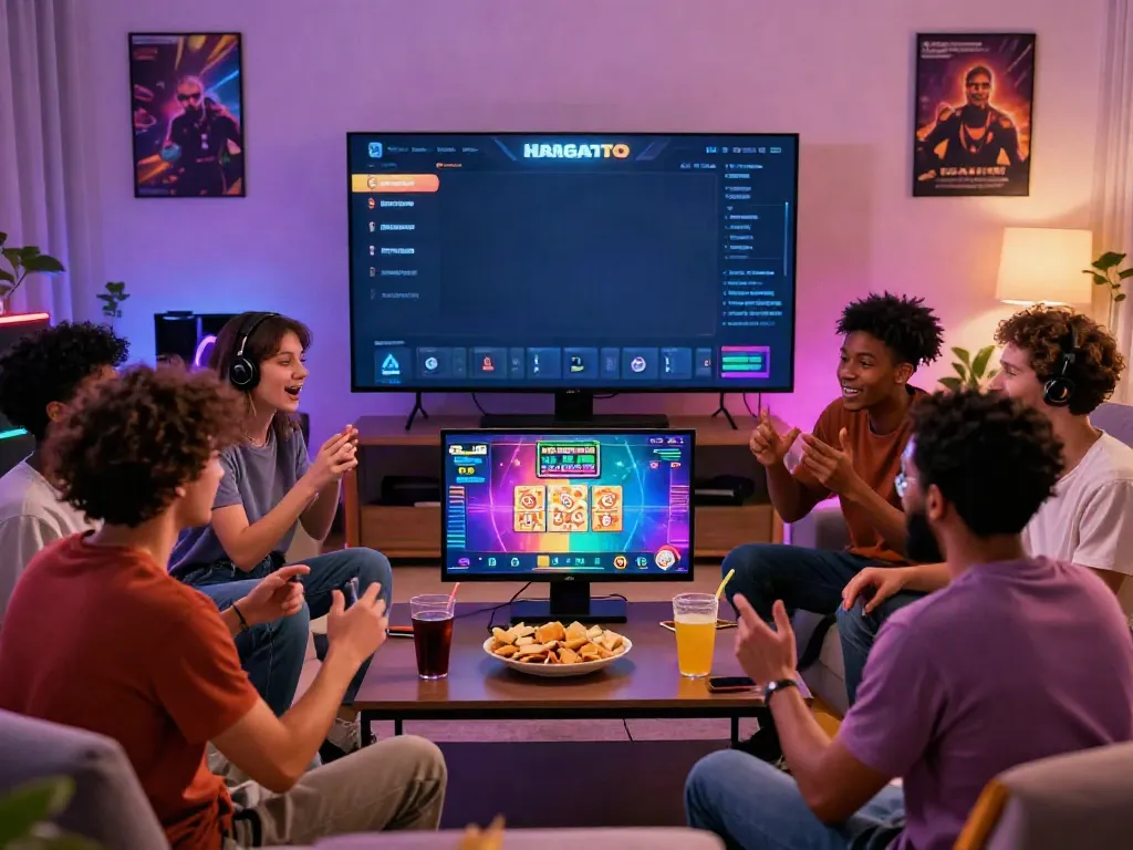 Friends enjoying a lively lottery game on HARGATOTO, showcasing engagement and excitement.