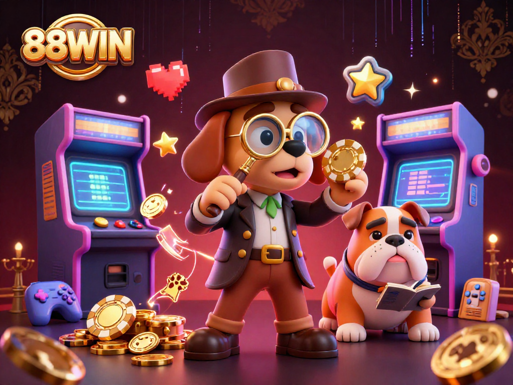 Experience thrill at 88WIN with a detective uncovering casino treasures amidst vibrant game elements.