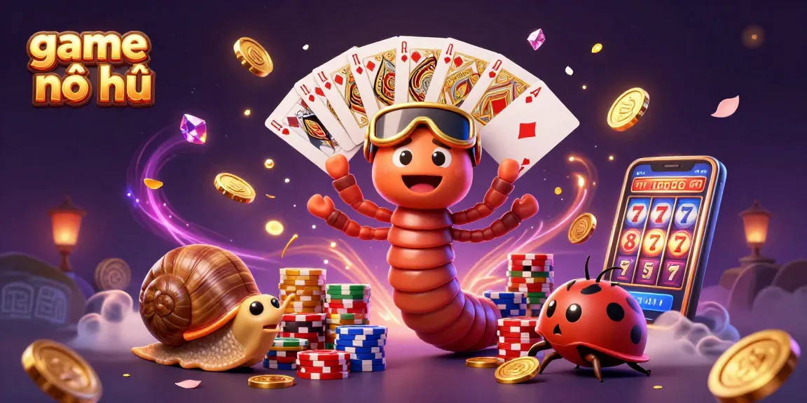 Experience thrilling game nổ hũ with a dynamic 3D casino illustration featuring lively characters and sparkling gems.