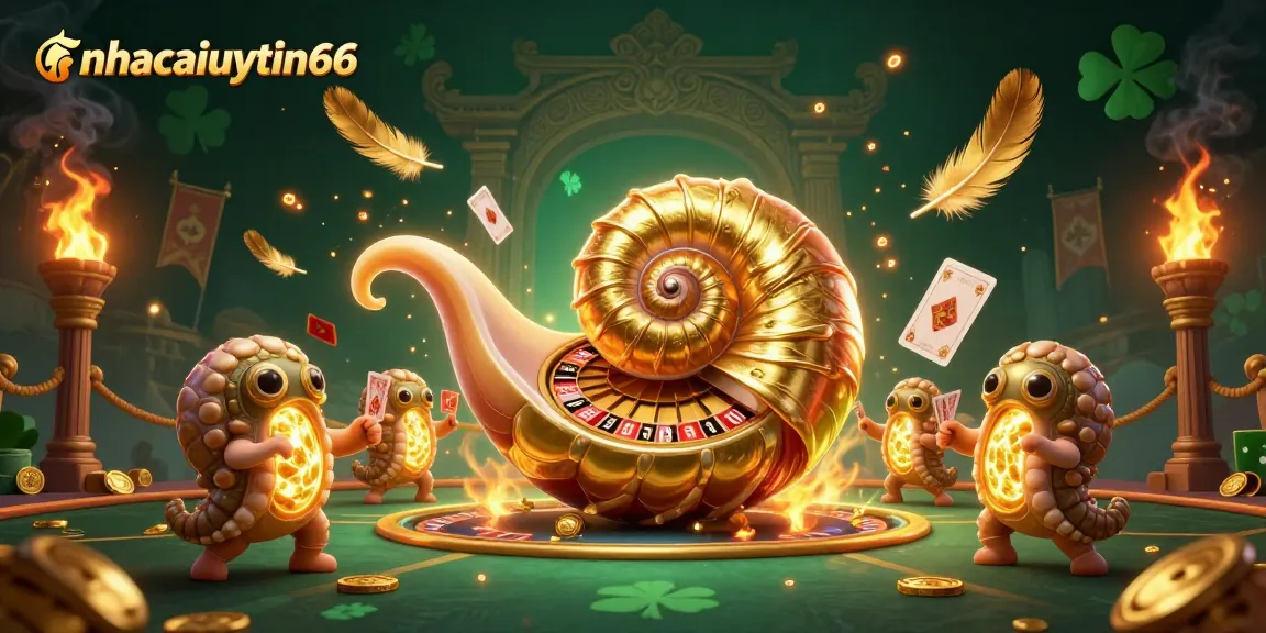 Engage with casino excitement on nhacaiuytin66, featuring a fantastical nautilus roulette wheel amidst dynamic gaming elements.
