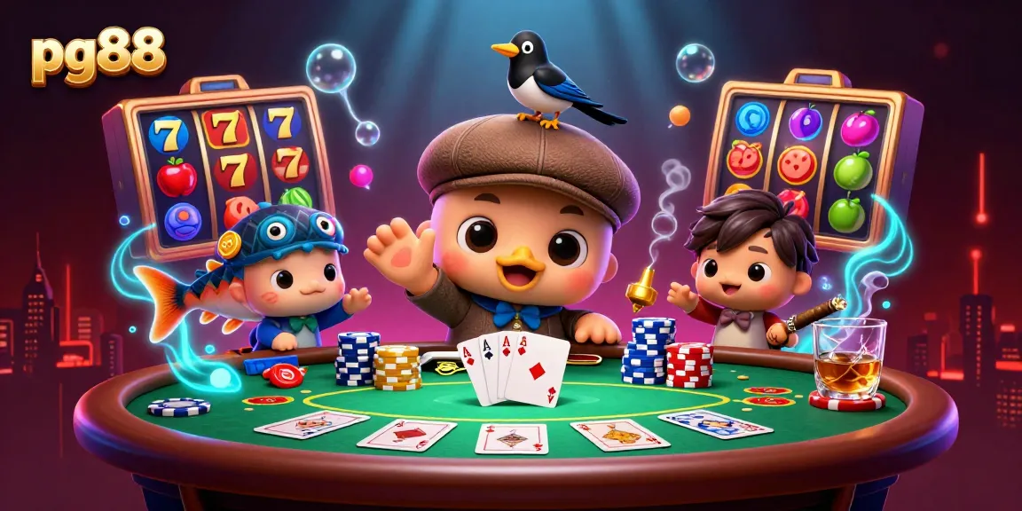 Engage with pg88's vibrant 3D scene featuring playful characters around a lively gambling setup.