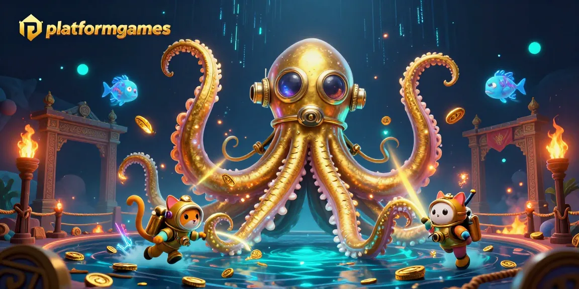 Engage with platformgames through thrilling gameplay featuring a colossal kraken and diving cat.