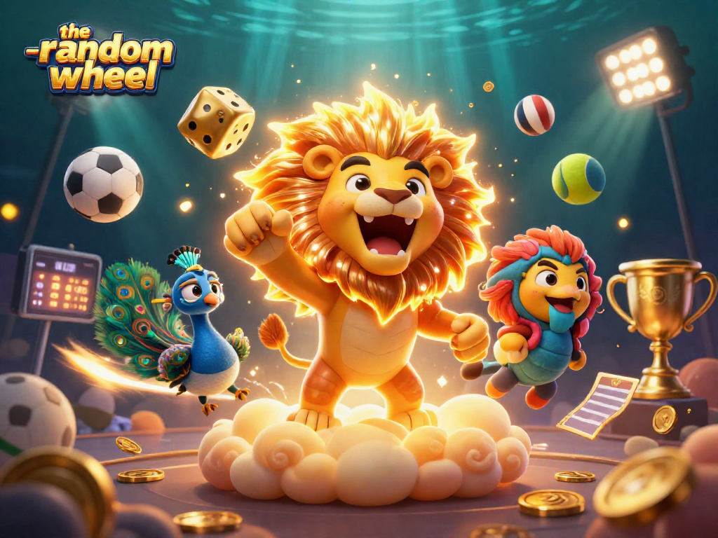 Spin and win with the-random-wheel featuring golden dice, vibrant sports balls, and a roaring sun lion.