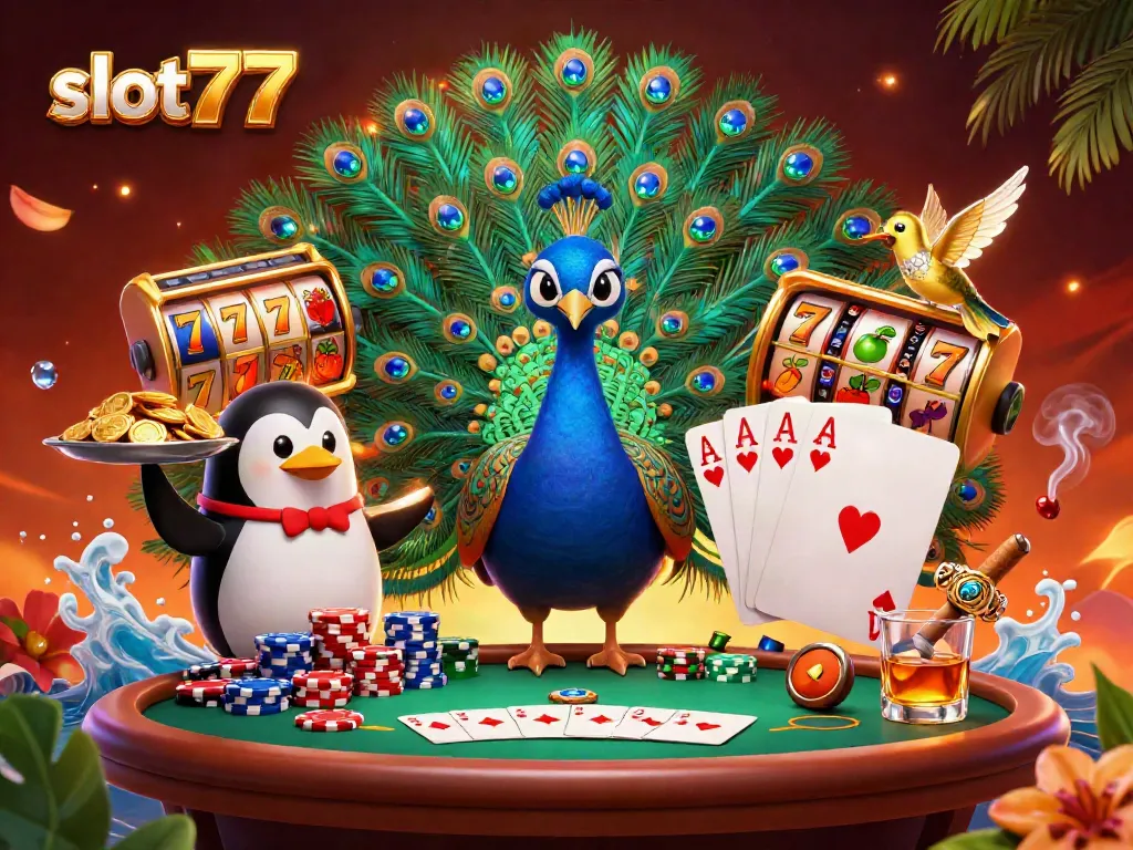 Mainkan slot777 dengan peacock aristokrat dan penguin butler dalam suasana kasino yang meriah.