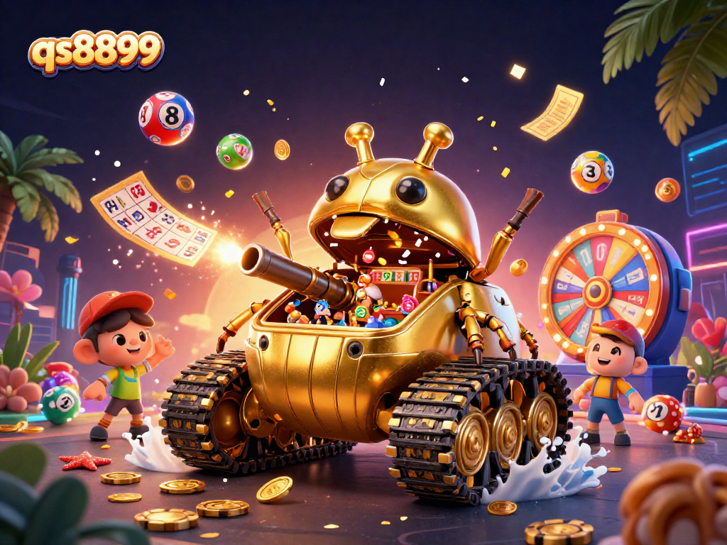 Experience vibrant gameplay at qs8899 with a dynamic casino tank shooting confetti and bouncing lottery balls.
