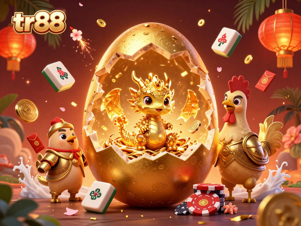 tr88 showcases a golden dragon emerging from a nest of poker chips, symbolizing winning strategies in online gambling.