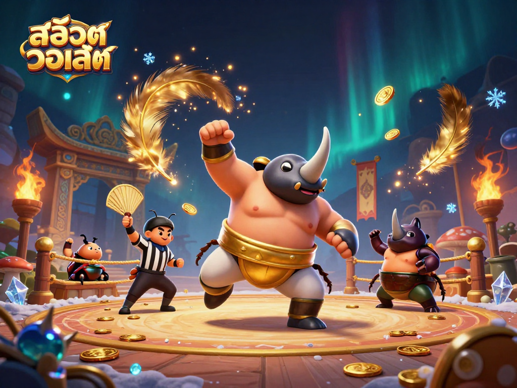 สล็อตวอเลท: มุมมอง 3D ของแชมป์ซูโม่ด้วงเล่นเกมสล็อตในอารีน่าที่เต็มไปด้วยเหรียญทอง