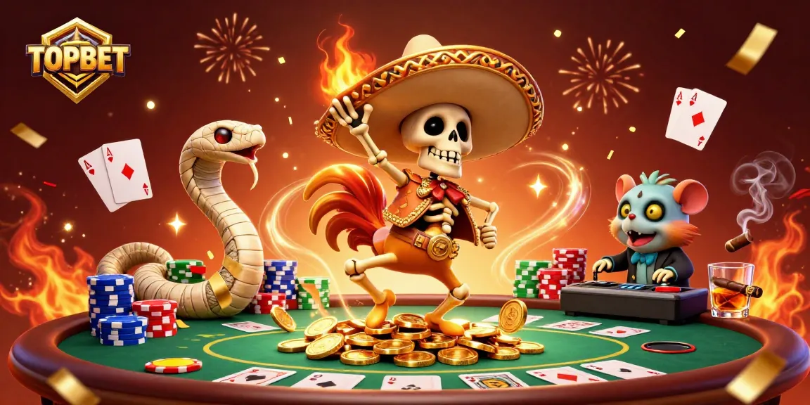 Experience the excitement of TOPBET with dynamic characters and vibrant casino elements.