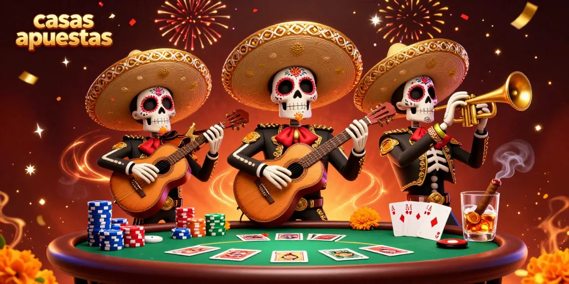 Vibrante ilustración de casas apuestas con calaveras y elementos de juego, ofreciendo emoción a los apostadores.