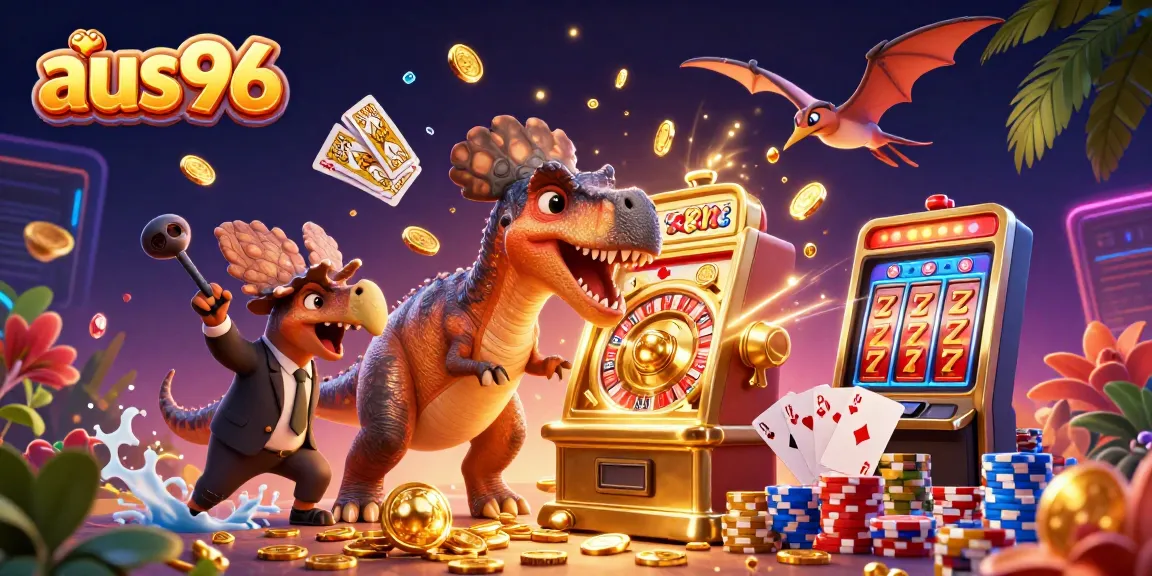 Experience jackpot fun with aus96 as a pachycephalosaurus hits a golden slot machine, surrounded by casino action.