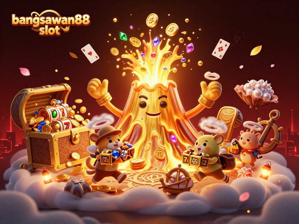Experience the excitement of bangsawan88 slot with a dynamic scene of treasures, fireworks, and winning elements.