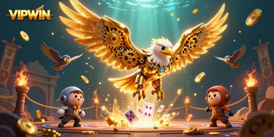 Engage in thrilling gameplay at VIPWIN with a dynamic illustration of a cybernetic eagle diving among holographic cards.