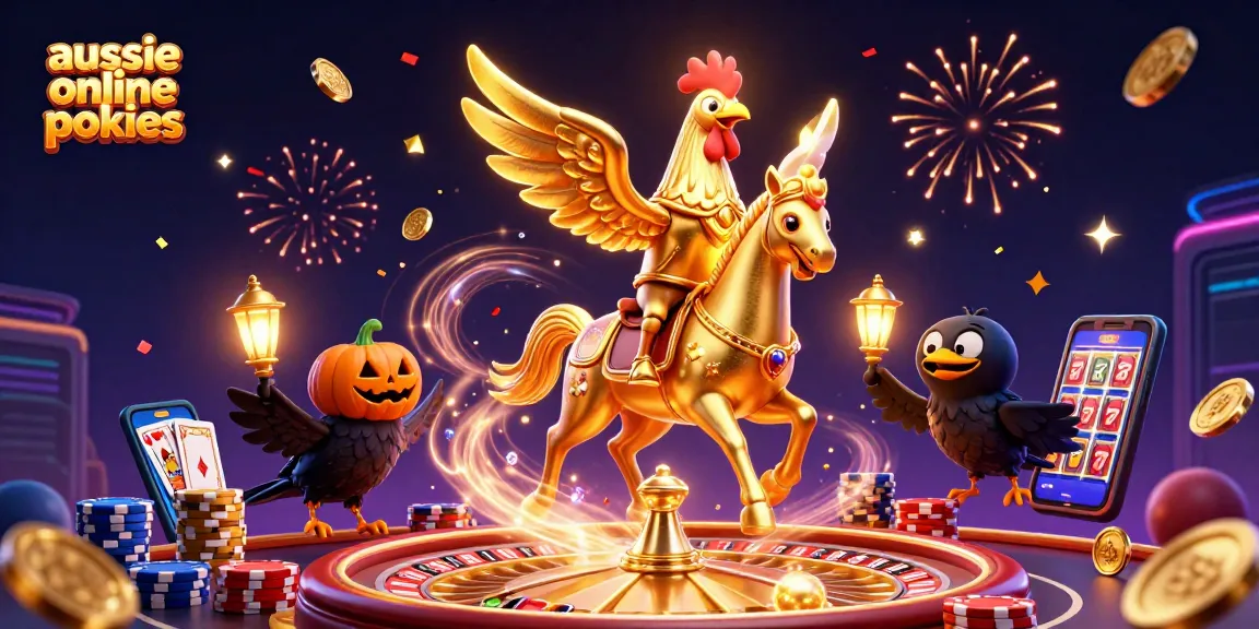 Aussie online pokies action scene with a golden rooster, spectral horse, and pumpkin-headed crows amidst casino elements.