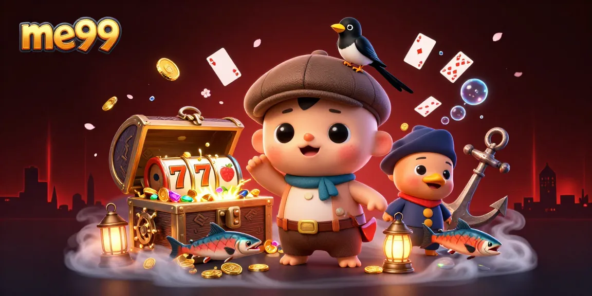 Win big with me99 in this fun casino-themed illustration featuring vibrant characters and game elements.