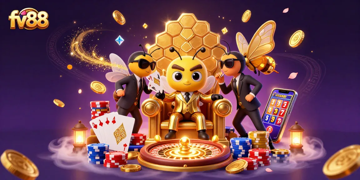 fv88 features a bumblebee mob boss in a rich casino setting, amidst cascading coins and vibrant gems.