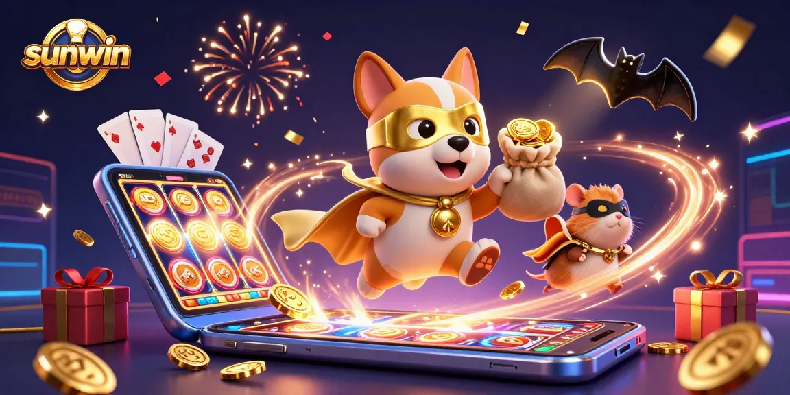 Experience thrilling wins with sunwin as the superhero dog and hamster soar through a vibrant casino scene.
