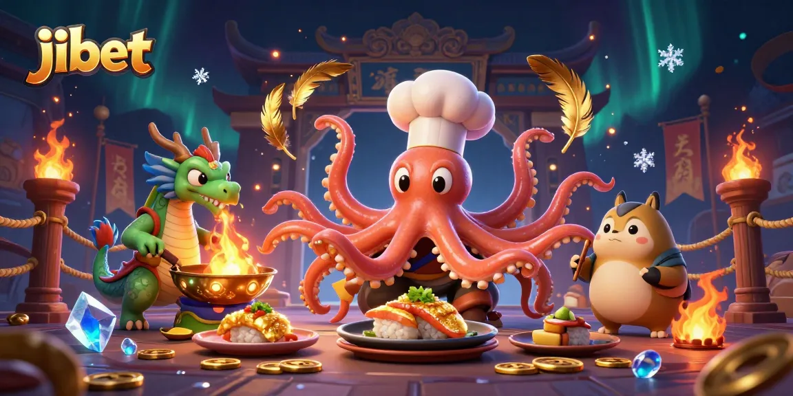 Win big with exciting games at jibet, featuring a vibrant scene with an octopus chef and dragon.