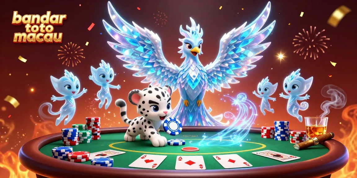 Experience dynamic gameplay with bandar toto macau as a colorful ice phoenix and playful cub surround a poker table.
