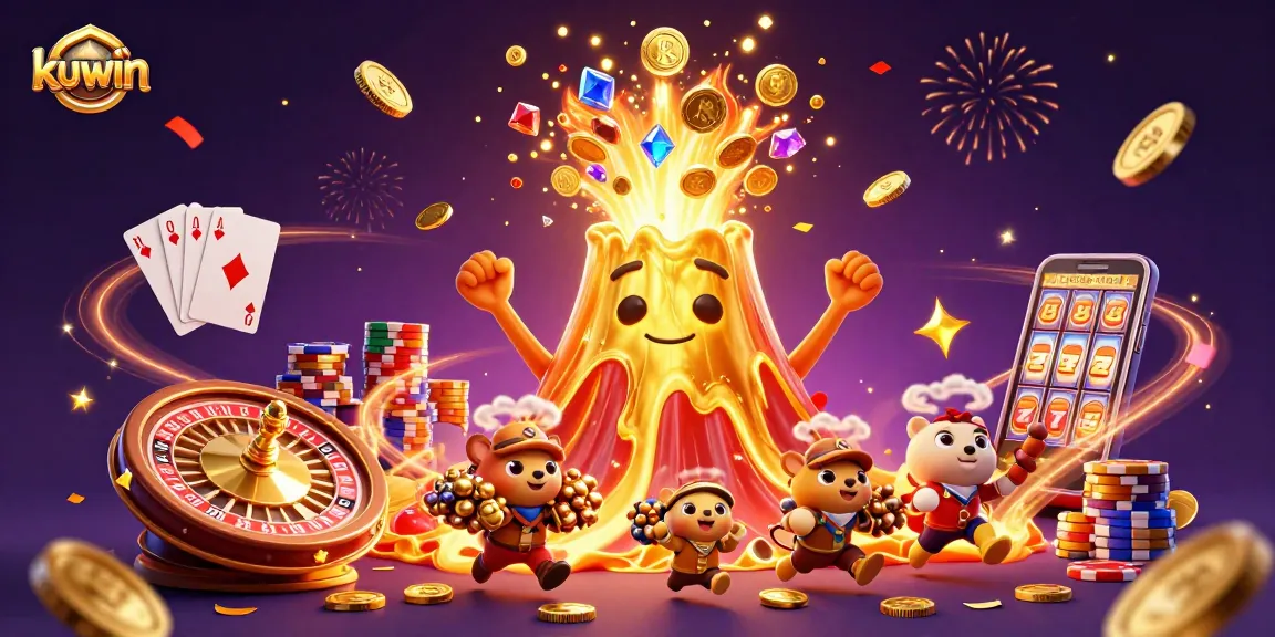 Kuwin's thrilling gaming experience with a golden volcano erupting treasures in a vibrant casino scene.