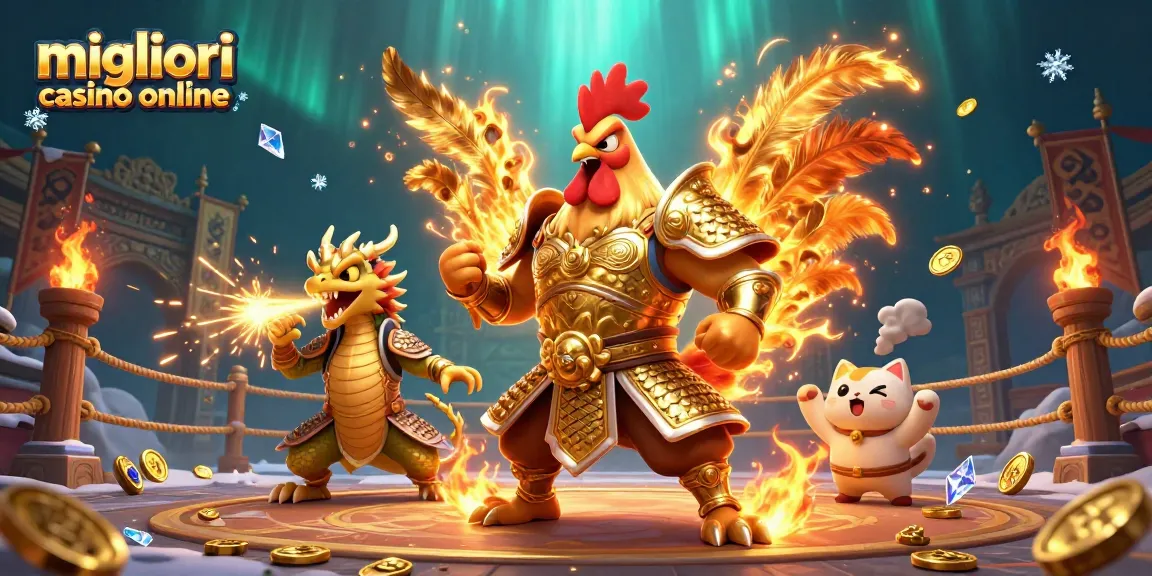Confronta i migliori casinò online mentre il gallo guerriero e il drago campeggiano con monete d'oro.