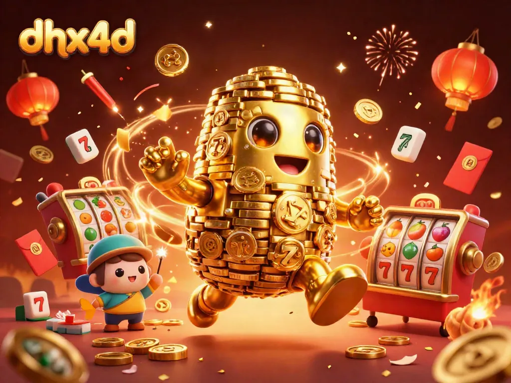 dhx4d menampilkan golem emas antik dalam festival keceriaan judi dengan simbol slot dan koin emas mengelilingi.