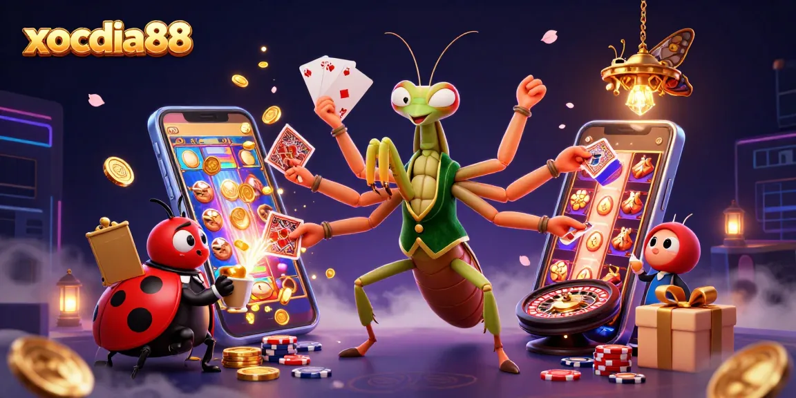 Xocdia88 showcases a dynamic casino scene with a giant mantis card sharp, ladybug pit boss, and vibrant game elements.