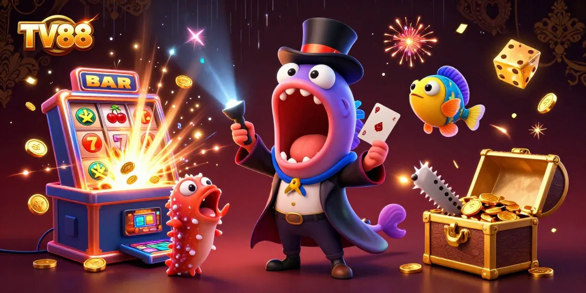 Experience thrilling moments at TV88 with vibrant casino elements and dynamic characters showcasing card magic.