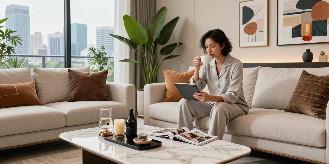 luxury111 di ruang tamu modern dengan tanaman indoor dan suasana nyaman.