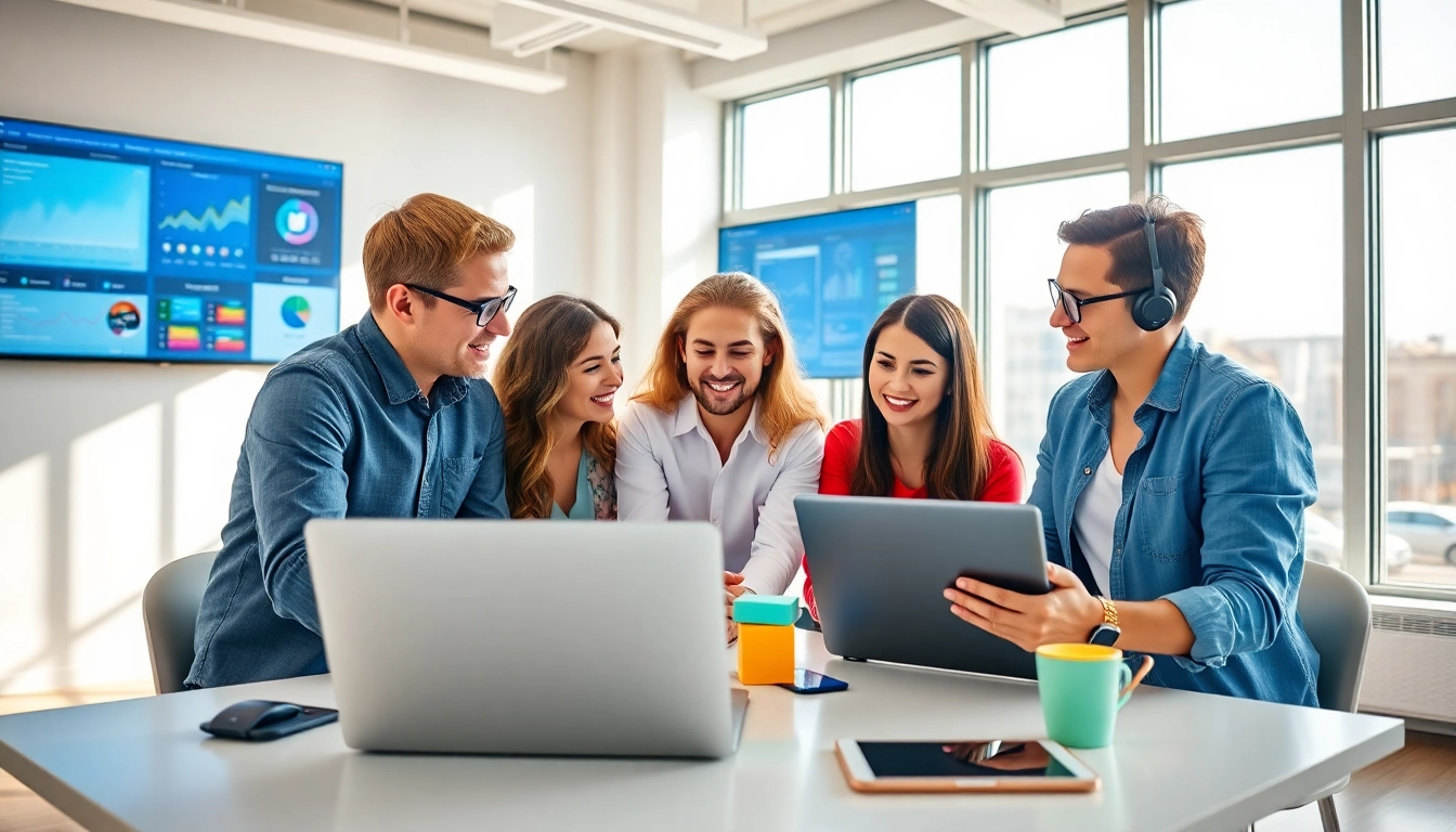 Engaged team of social media marketing companies edmonton discussing strategies in a modern office.