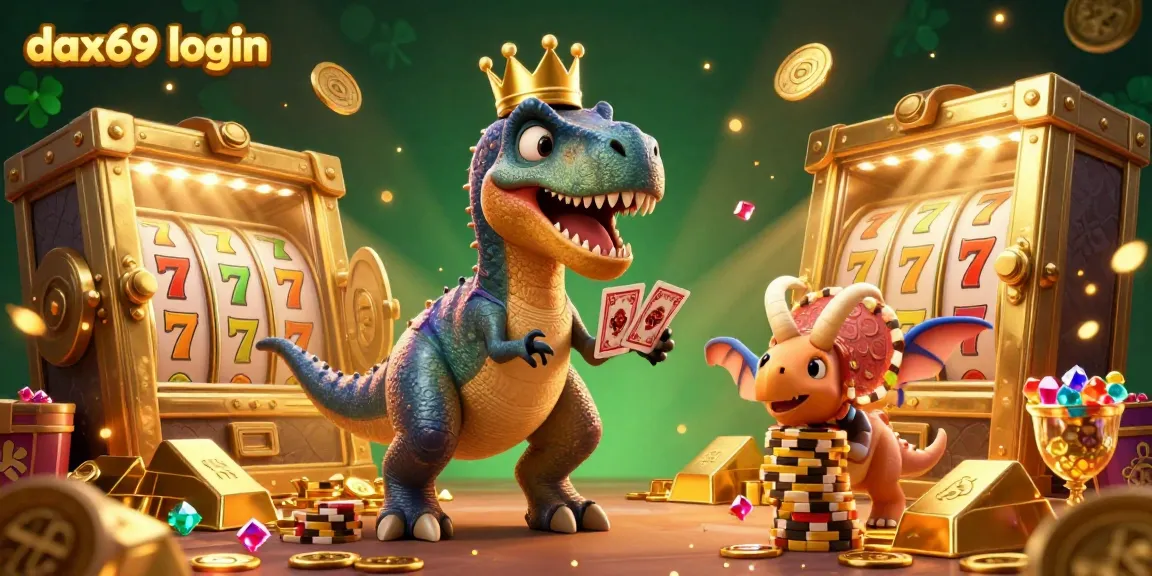Permainan kartu dalam suasana kasino dengan dax69 login, T-Rex, dan chip emas menumpuk.