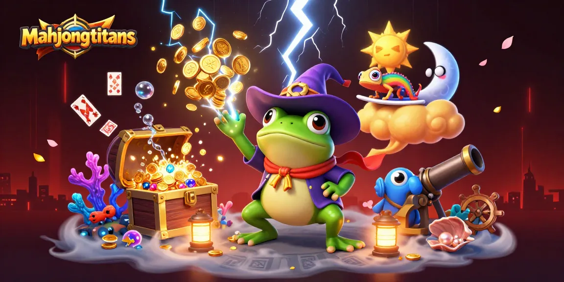 Engage in MahjongTitans with golden coins cascading around a weather wizard frog and chameleon.