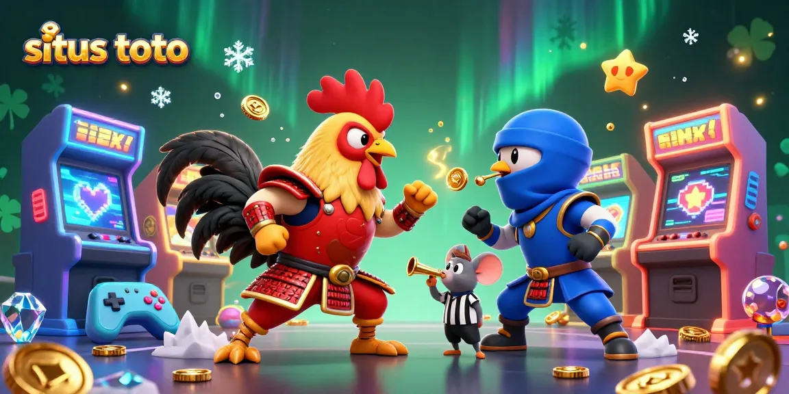 Engage in thrilling gameplay at situs toto featuring roosters in a dynamic standoff amidst arcade and casino elements.