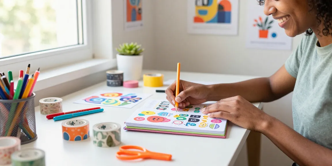 Creating a vibrant reusable sticker book with colourful stationery in a bright workspace.
