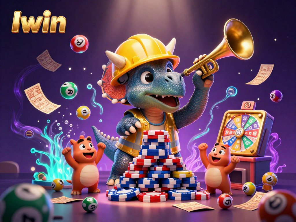 Iwin celebrates with a cartoon triceratops, poker chips, and lottery elements in a vibrant casino illustration.