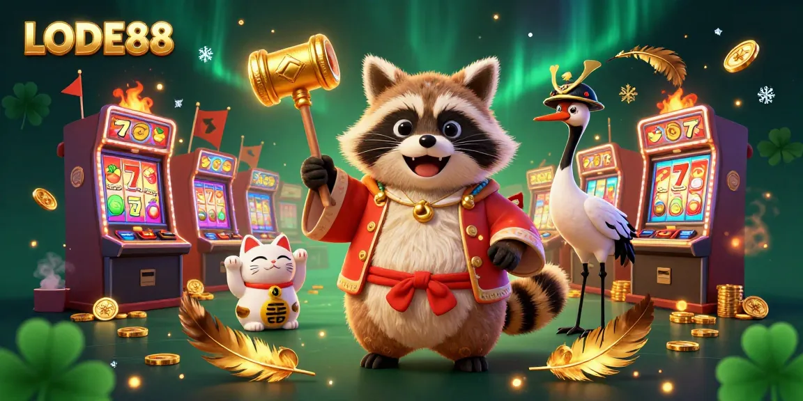 Engage with LODE88 slots through an energetic scene with a tanuki, crane, and waving fortune cats.