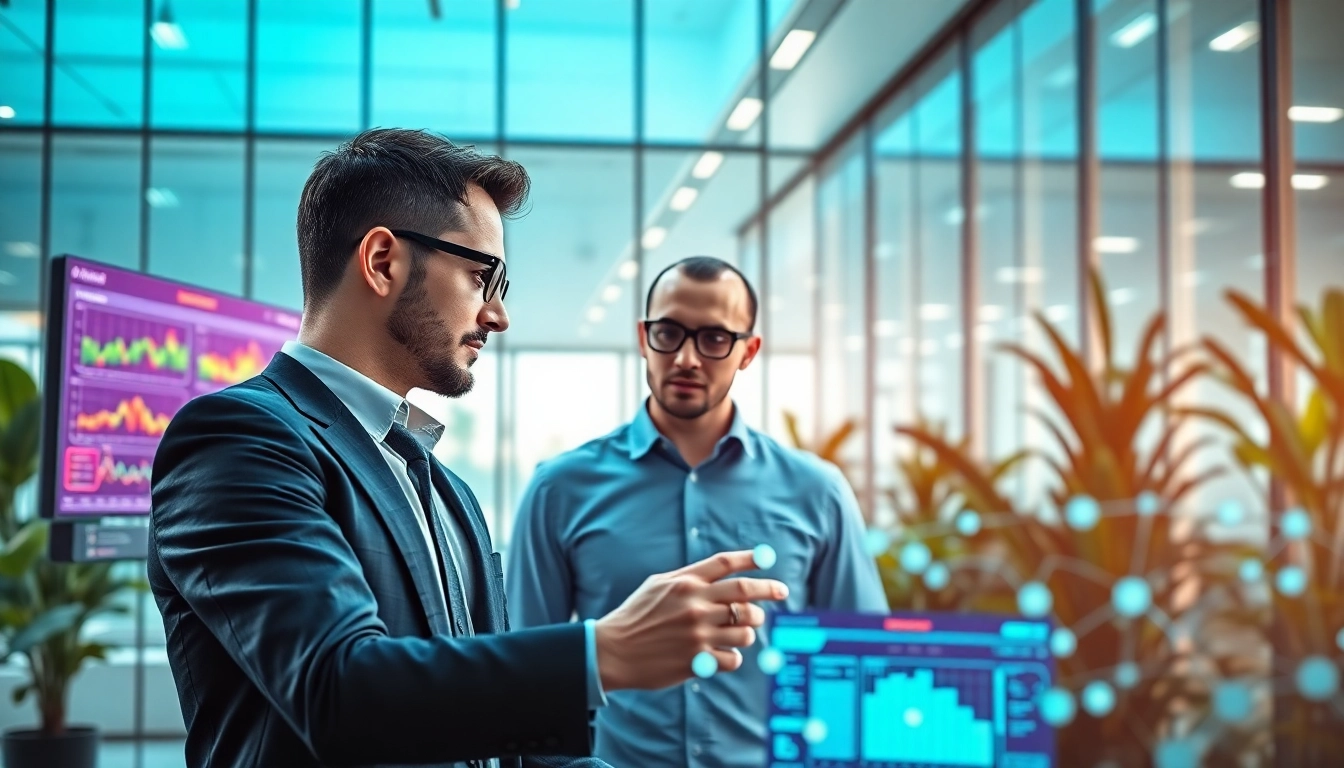 AI agents collaborating in a high-tech office environment with digital displays illustrating data workflows.