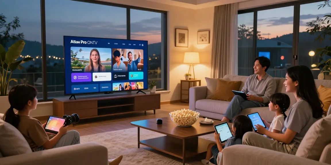 Family using atlas pro ONTV app to stream movies in a cozy living room.